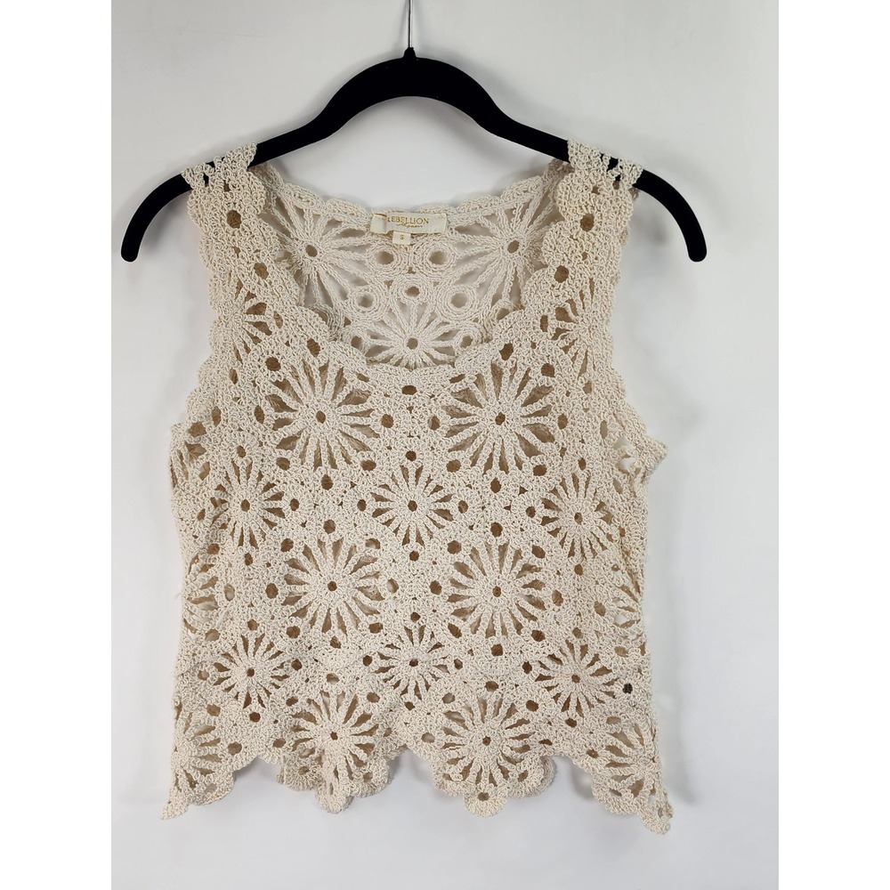Rebellion Again Crochet Top Womens S Beige Crop Coachella Boho Hippie Festival